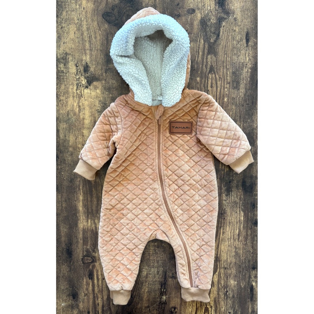 Tahari Baby Quilted Plush Pram Suit Sherpa Hooded Bunting‎ Camel Brown 6-9M